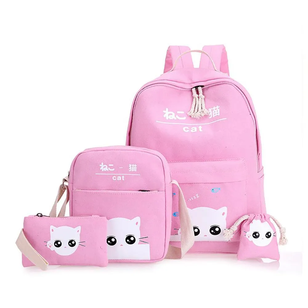 4 Pieces Cartoon Cat Printed Canvas Backpacks Set For Kids