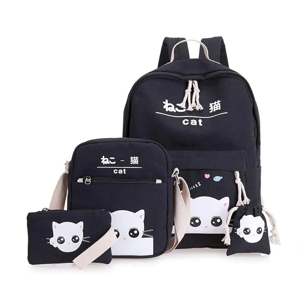 4 Pieces Cartoon Cat Printed Canvas Backpacks Set For Kids