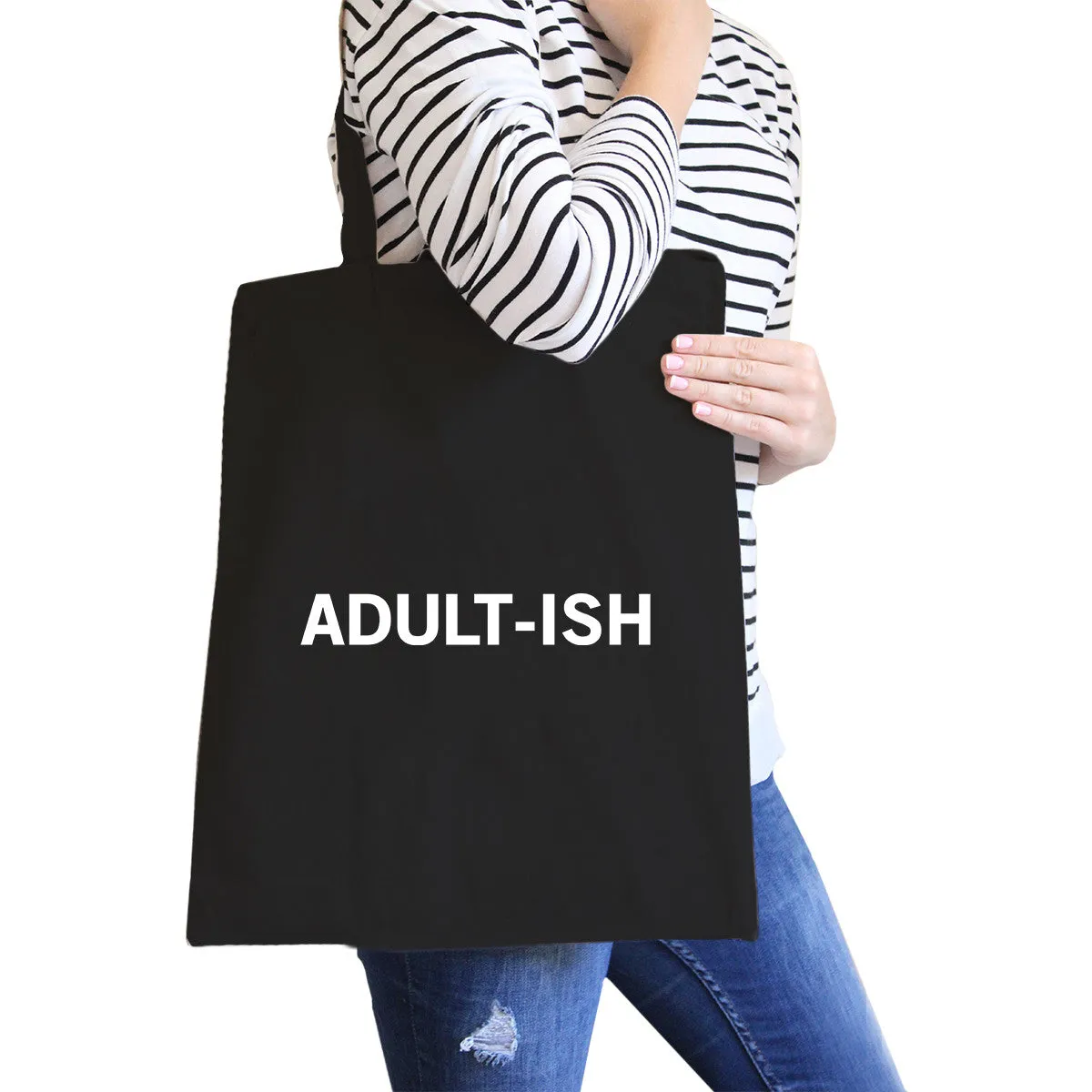 Adult-ish Black Canvas Bag Trendy Varsity Tote For College Students