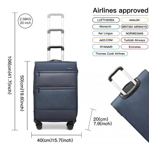 British Traveller 20 Inch Lightweight Cabin Carry-On Suitcase with Laptop Compartment - Navy