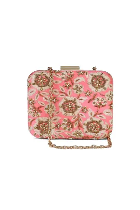 Coral Zardosi Embroidered Box Clutch