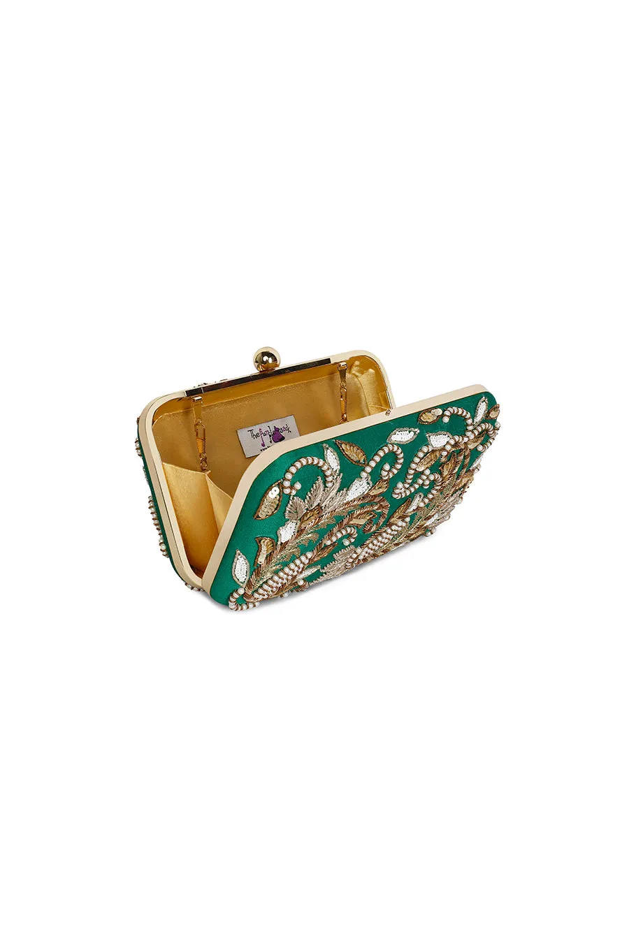 Dark Green Paisley Embroidered Box Clutch