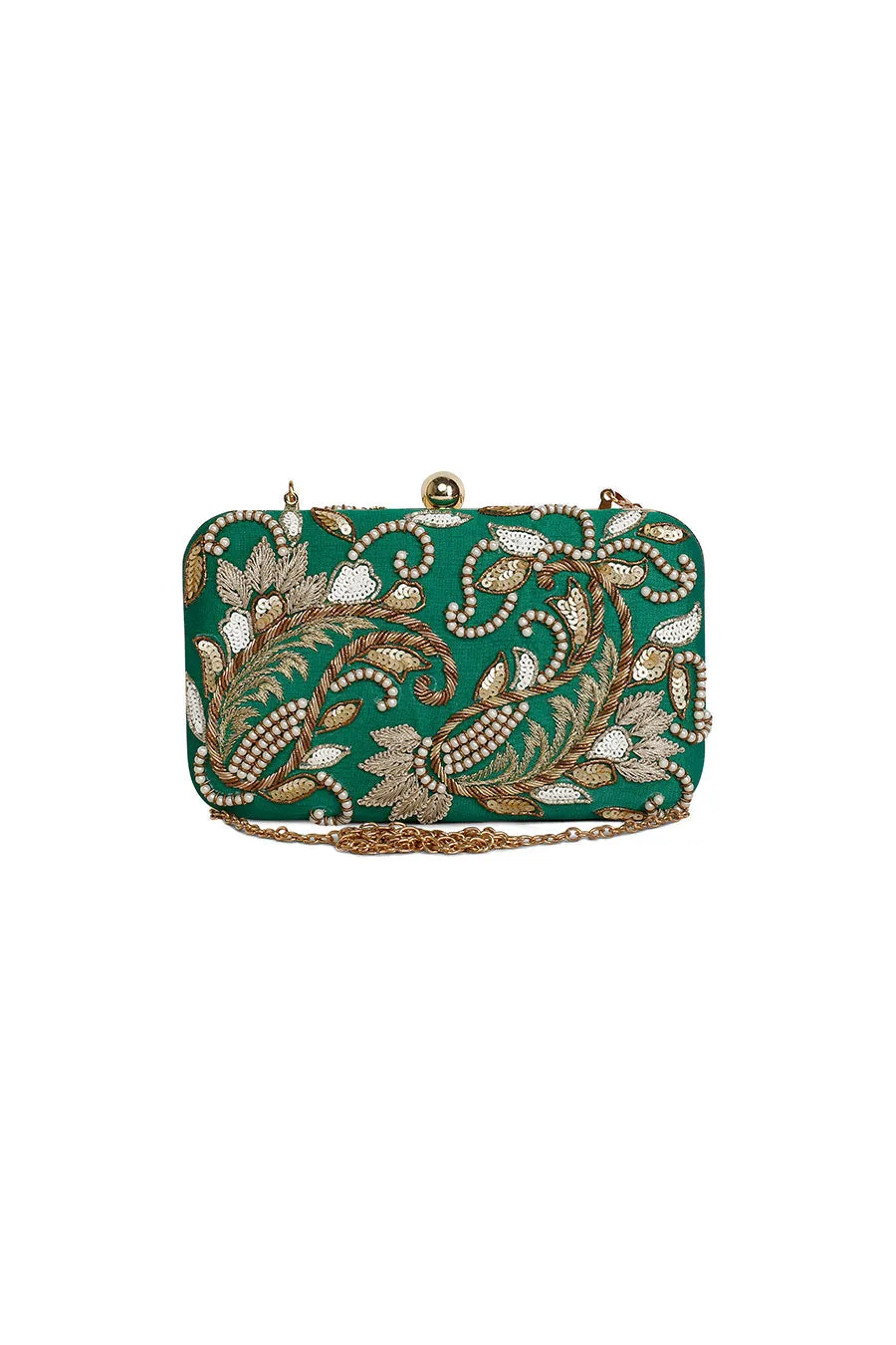 Dark Green Paisley Embroidered Box Clutch