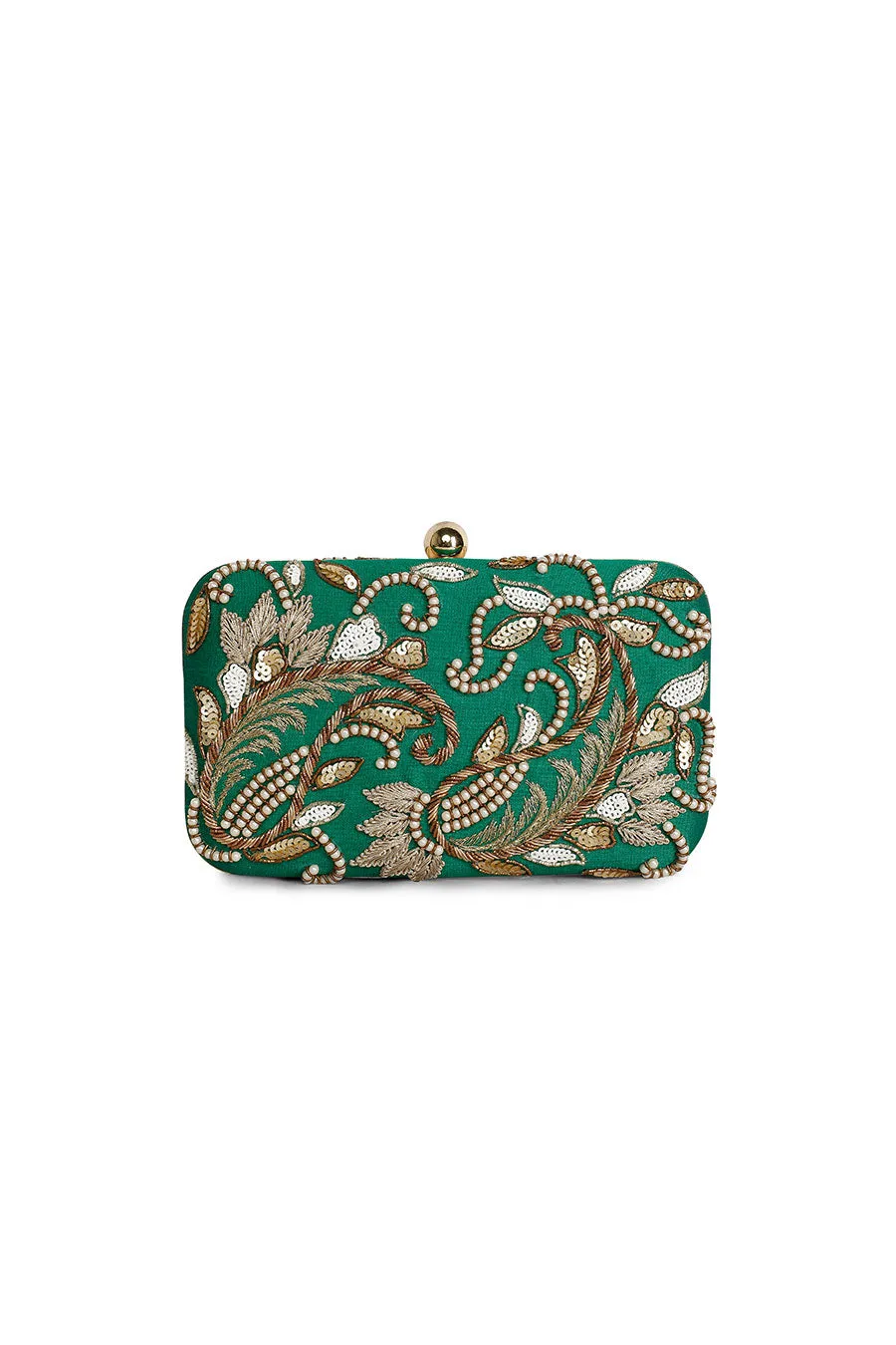 Dark Green Paisley Embroidered Box Clutch