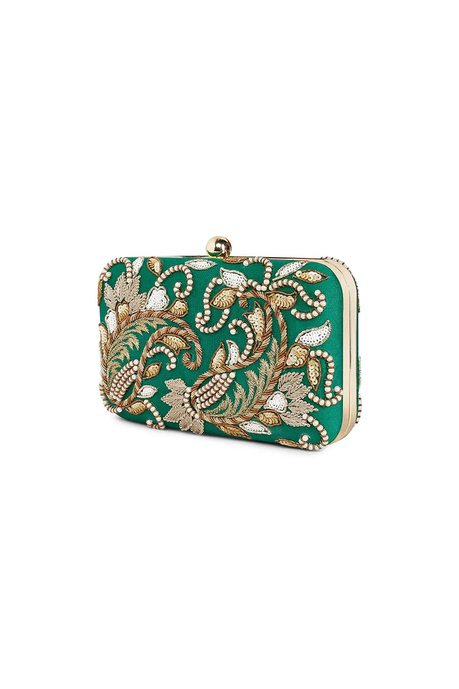 Dark Green Paisley Embroidered Box Clutch