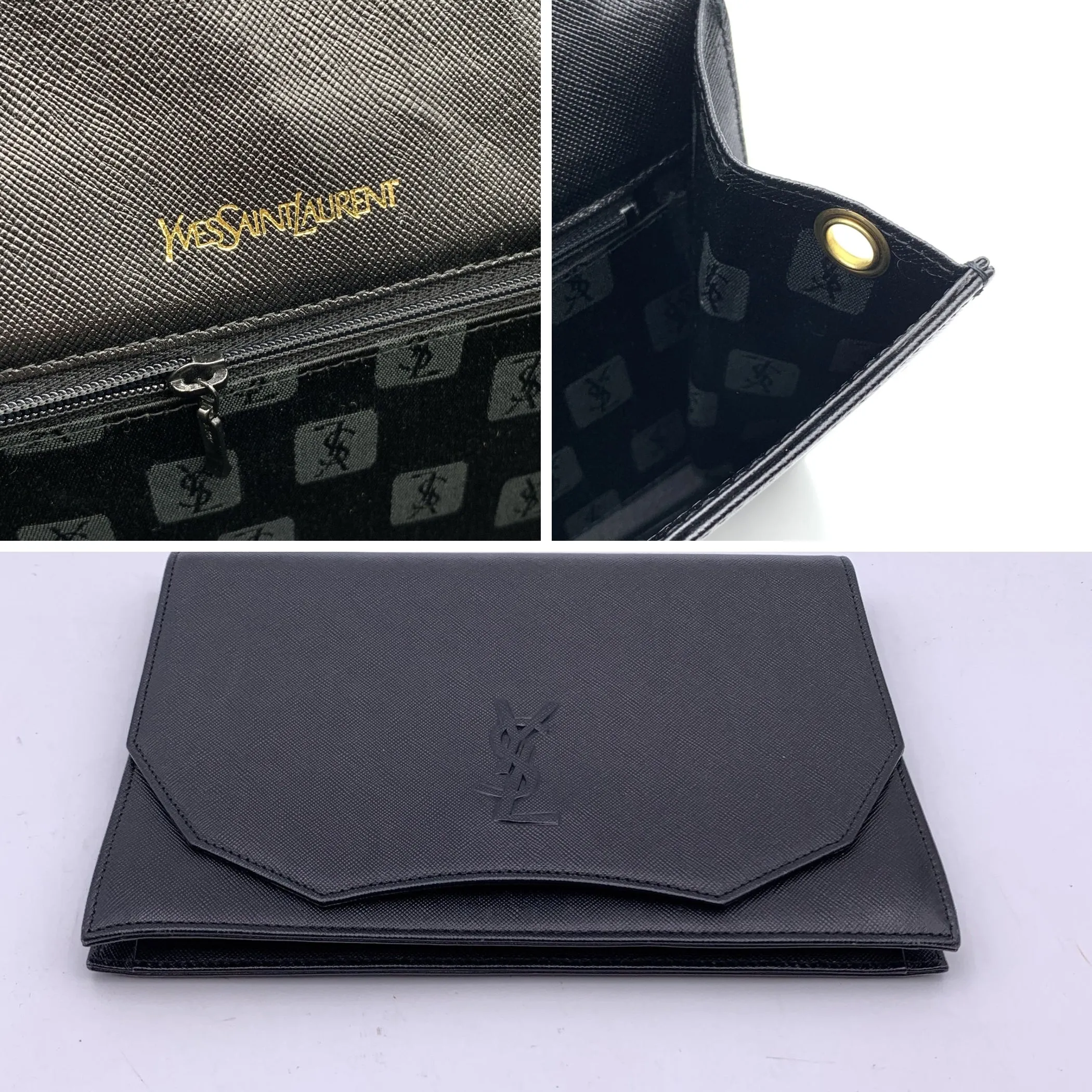 Yves Saint Laurent Vintage Black Leather YSL Logo Purse Clutch Bag